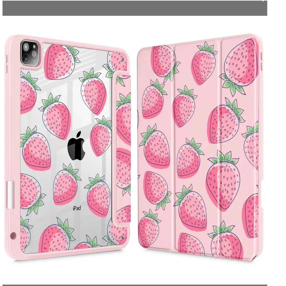 Lepeoac Strawberry iPad Pro 12.9 Case 6th 5th 4th 3rd Gen Pink Clear Back Folio